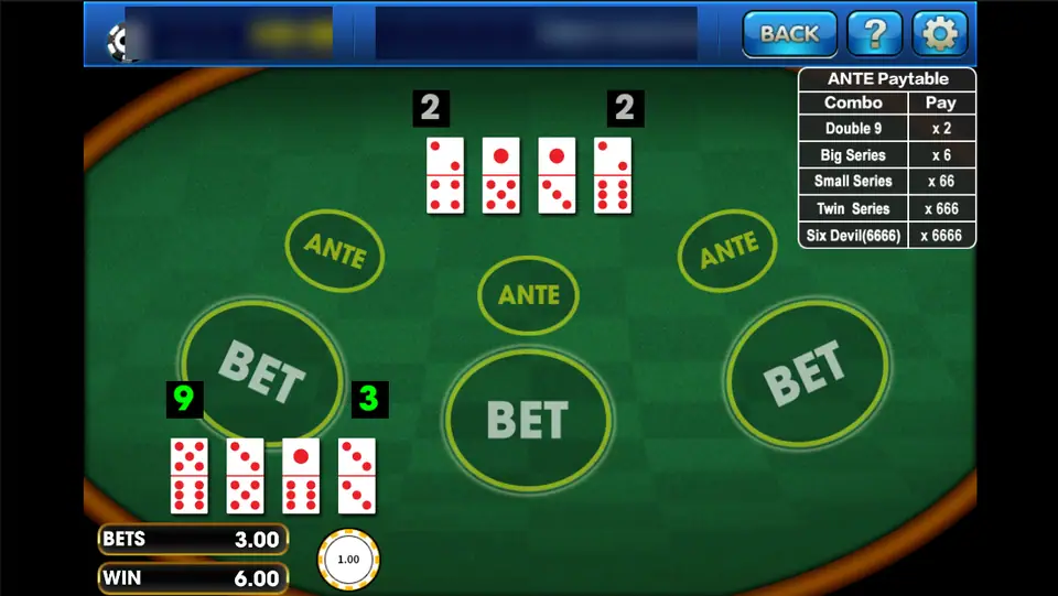 Domino on 3Win8: the player's tiles score 9 and 3 against the dealer's 2 and 2, and a bet of 3.00 returns 6.00