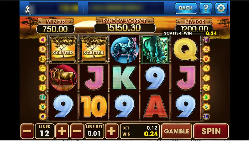 Safari Heat on 3Win8: two acacia scatters pay 0.24 at 12 lines of 0.01