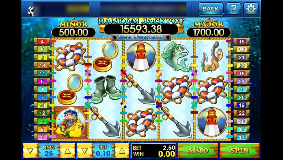 Sea Captain on 3Win8: lifebuoys, a harpoon and a lighthouse on 25 lines under a Random Jackpot of 15,593.38