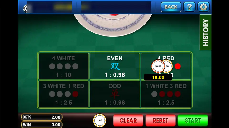 Se Die on 3Win8: a 10.00 chip stack on 4 Red, with Even and Odd paying 1 to 0.96 and 4 White or 4 Red 1 to 10