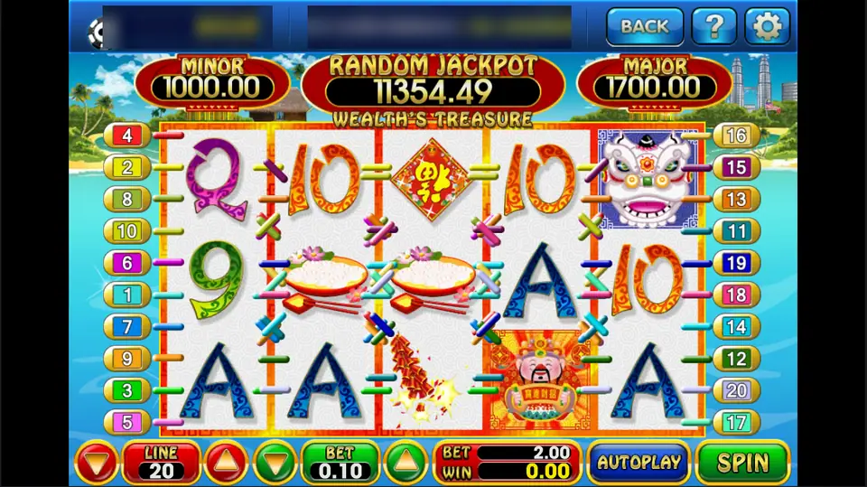 Wealth's Treasure on 3Win8: lanterns, rice bowls and a lion dance head on 20 lines at 0.10, with Minor, Random Jackpot and Major meters above, balance and win ticker blurred
