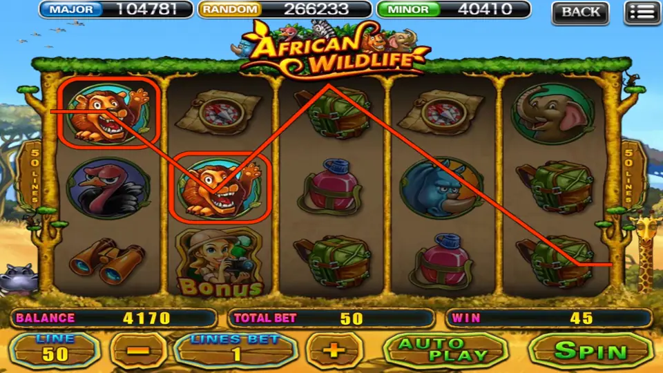 African Wildlife on 918Kiss: two lions start a winning line past a backpack, a flask, a rhino and an elephant, total bet 50