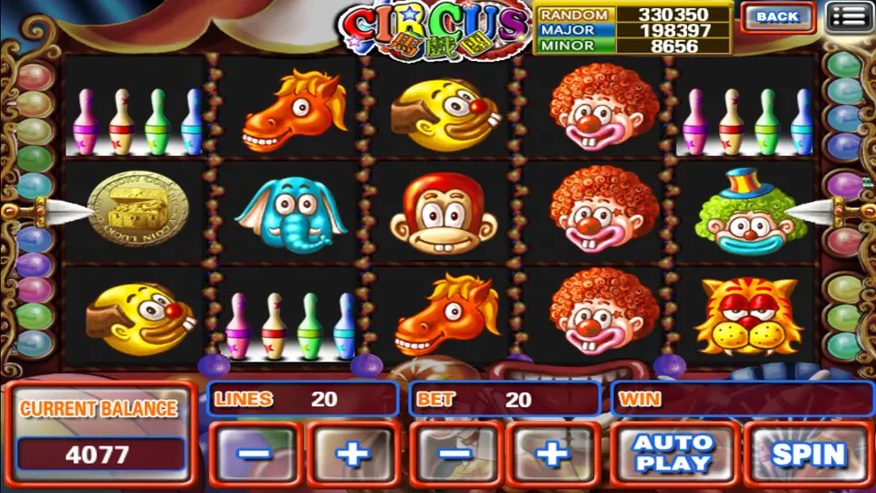 Circus on 918Kiss: clowns, a horse, an elephant, a monkey, bowling pins and a gold coin, 20 lines at a bet of 20