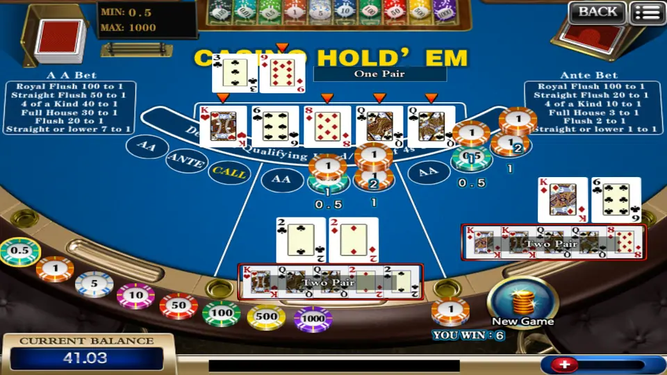 Casino Hold'em on 918Kiss: Two Pair beats the dealer's One Pair, with the AA Bet and Ante pay tables at the top