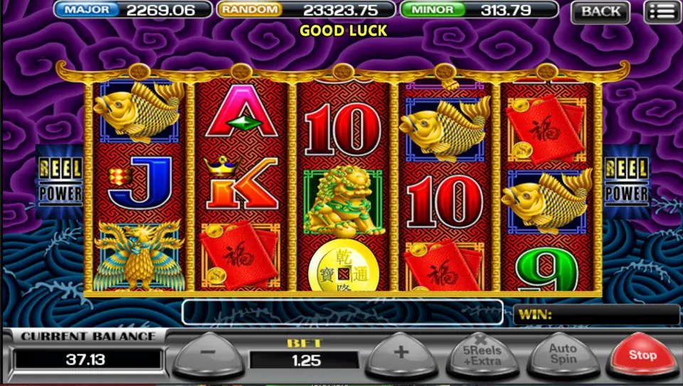 5 Dragons on ACE333: gold koi, a gold lion, a phoenix, red 福 envelopes and a bronze coin under a pagoda roof, bet 1.25