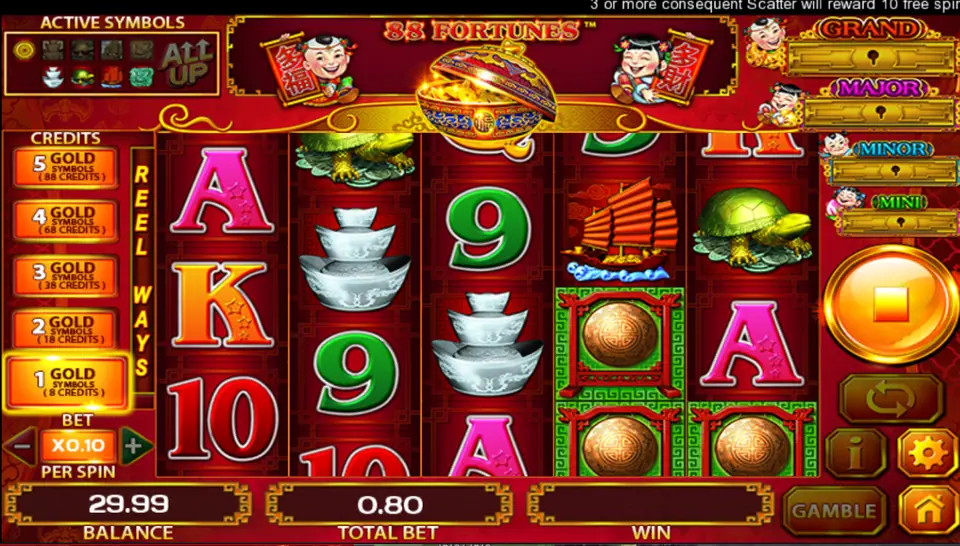 88 Fortunes on ACE333: silver ingots, a turtle, a junk boat and bronze coins, Gold Symbols buttons from 8 to 88 credits, total bet 0.80