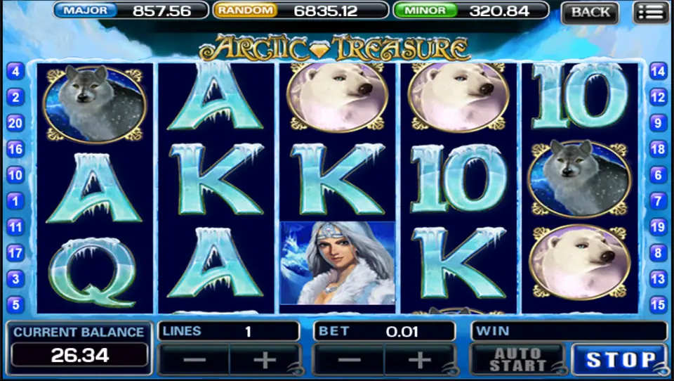 Arctic Treasure on ACE333: a wolf, two polar bears and the ice queen among icy card ranks, one line at 0.01