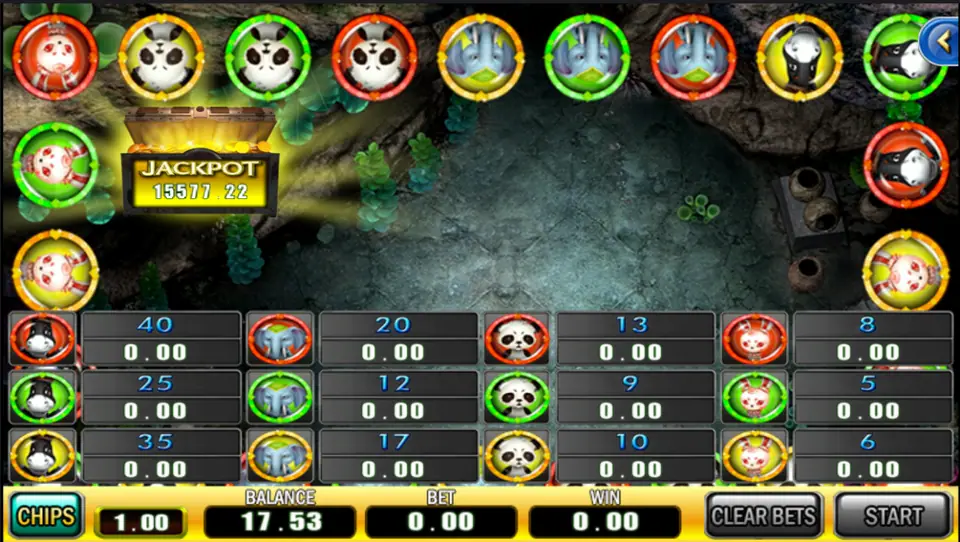 Black Horse Sea on ACE333: a ring of horse, elephant, panda and rabbit tiles, a betting grid with odds from 5 to 40 and a jackpot chest
