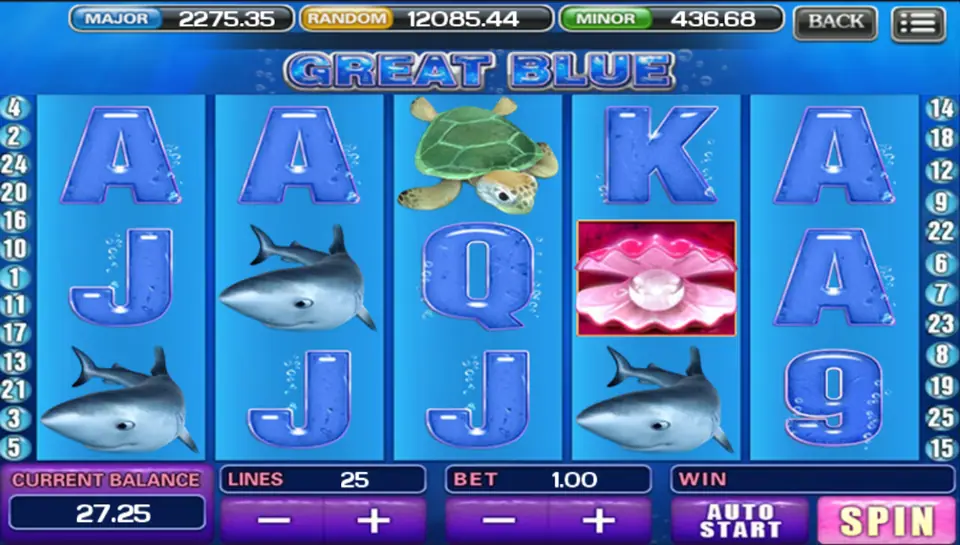 Great Blue on ACE333: sharks, a sea turtle and a pearl shell among blue card ranks, 25 lines at a bet of 1.00