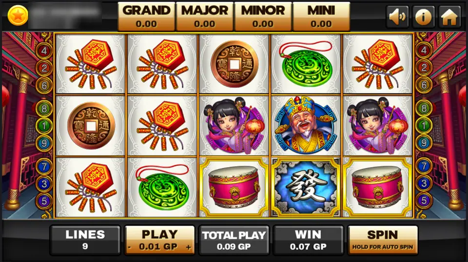 Lucky God 2 on Joker123 with the Grand, Major, Minor and Mini meters, firecrackers, jade, drums and the laughing elder on 9 lines, player ID and balance blurred
