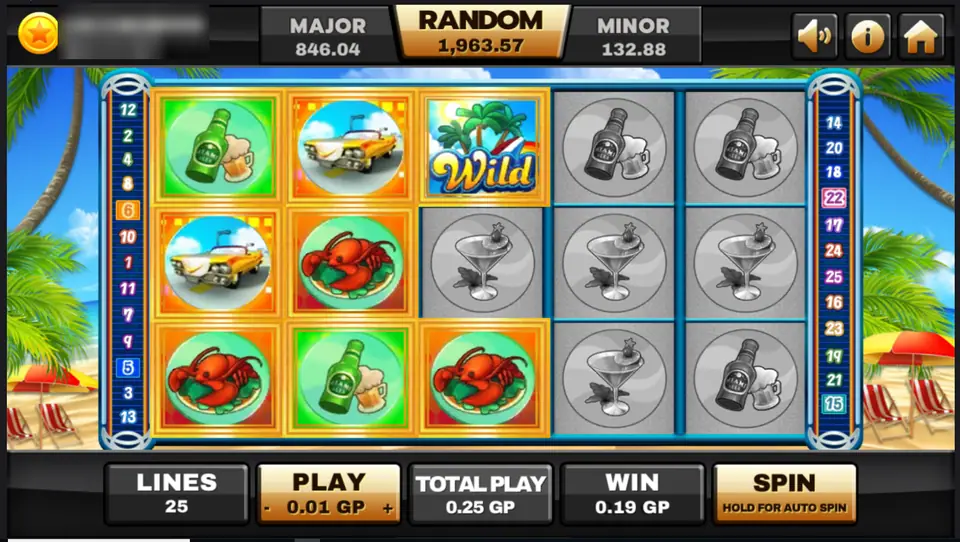 Miami on Joker123 with a win on the left reels: beer bottles, a yellow convertible, lobsters and a palm tree wild, the other symbols greyed out, player ID and balance blurred