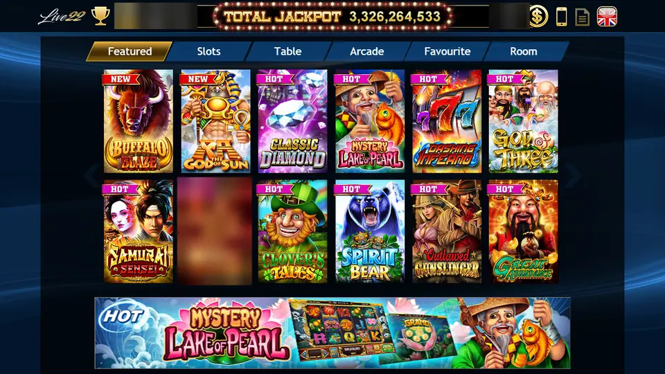 Live22 lobby on the Featured tab with Buffalo Blaze, God of Sun, Classic Diamond and nine more tiles under a Total Jackpot counter, player ID and balance blurred