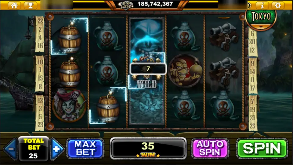 Phantom Island on Live22: the skull Wild expanding on reel 3 during a 35 credit win at a total bet of 25, player ID and balance blurred