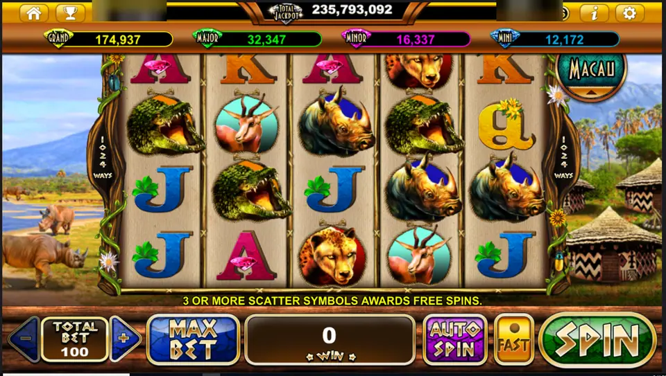 Rhino Crash on Live22: rhinos, crocodiles and a springbok on 1024 ways, 3 or more scatter symbols awards free spins, player ID and balance blurred