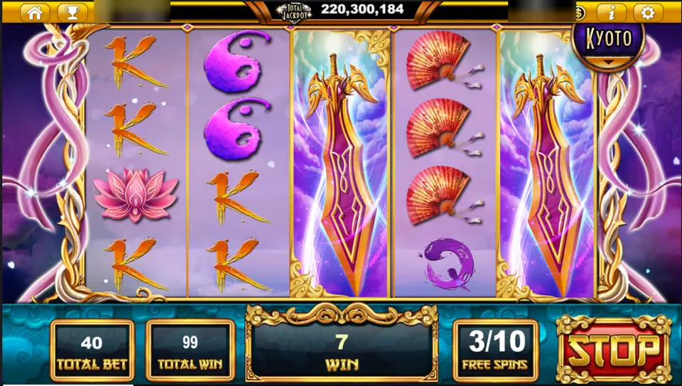 Sacred Relics on Live22: two sword Wilds fill reels 3 and 5 during free spin 3 of 10, total bet 40, player ID and balance blurred