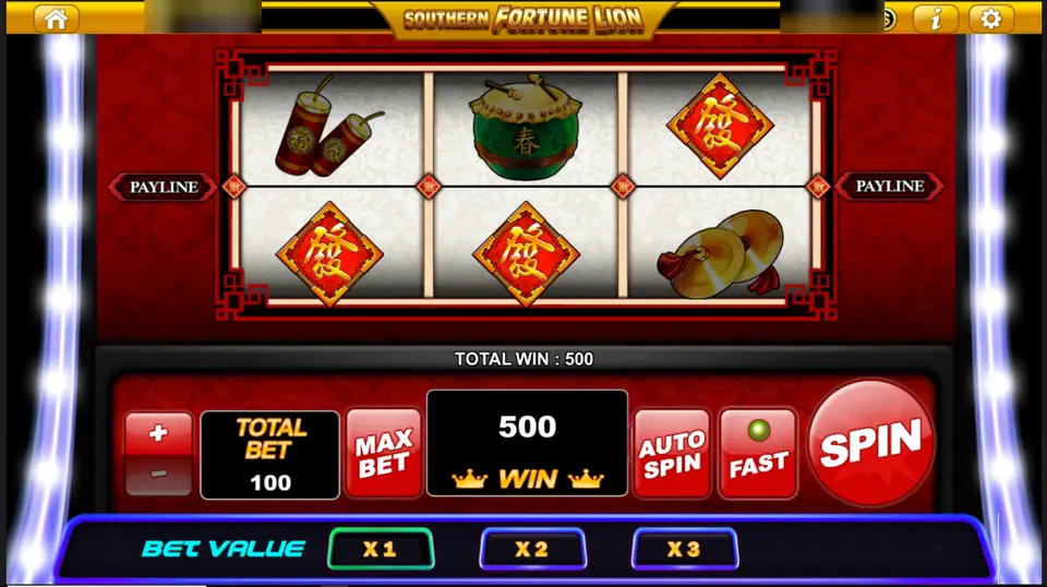 Southern Fortune Lion on Live22: three reels with firecrackers, a drum, 發 diamonds and cymbals, a 500 win at a total bet of 100, player ID and balance blurred