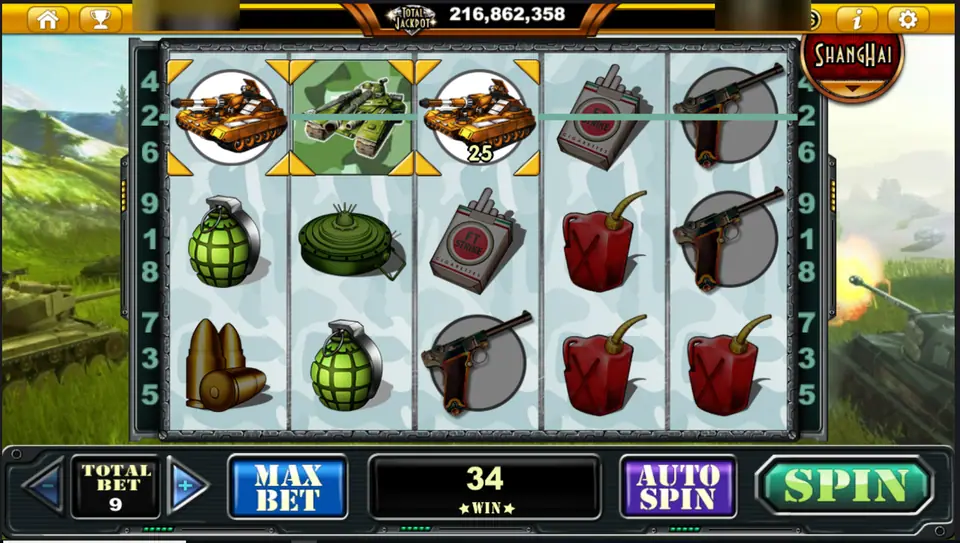 Tank Attack on Live22: three tanks on the top line pay 25 at a total bet of 9, with grenades, jerry cans and a Luger below, player ID and balance blurred