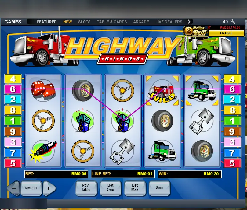 Highway Kings on LPE88: nine lines, a red wild truck and a green truck on the reels, and the Dollar Ball side game marked Enable