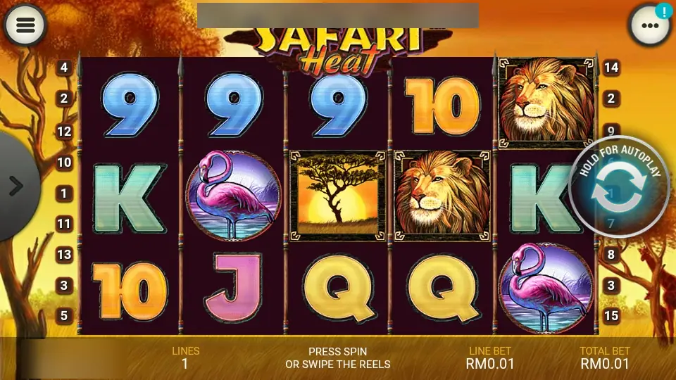 Safari Heat on LPE88: a lion, flamingos and a sunset acacia tree on the reels, with line markers 1 to 15