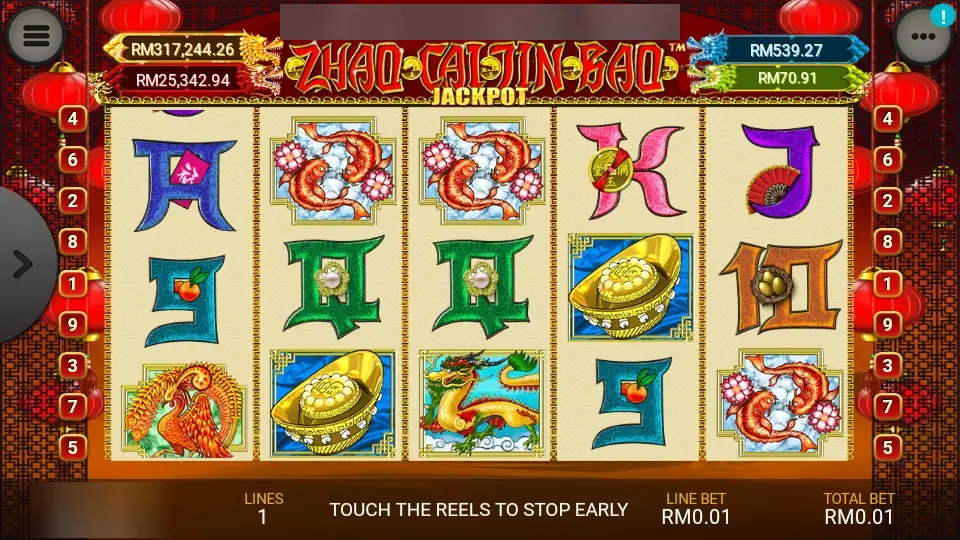 Zhao Cai Jin Bao Jackpot on LPE88: a phoenix, koi, gold ingots and a dragon on the reels, four jackpot meters and nine line markers