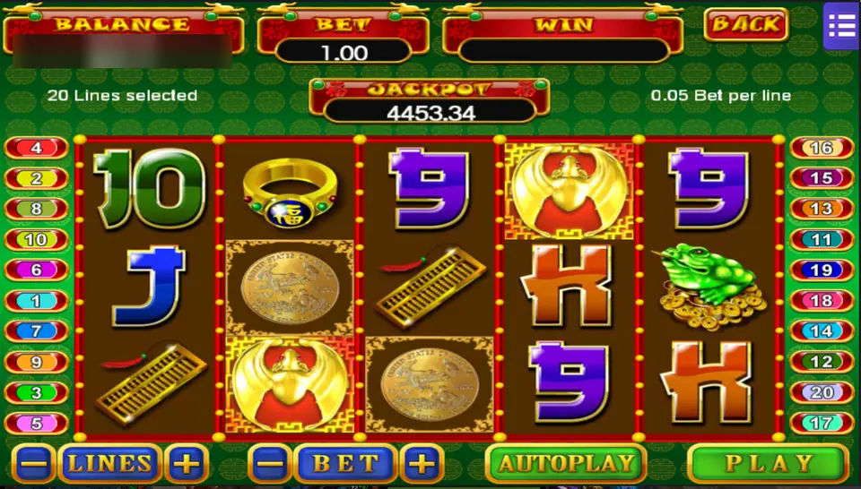 5 Fortune on Mega888: 20 lines at 0.05 a line for a bet of 1.00, with the phoenix, the eagle coin, an abacus and the jade frog on the reels