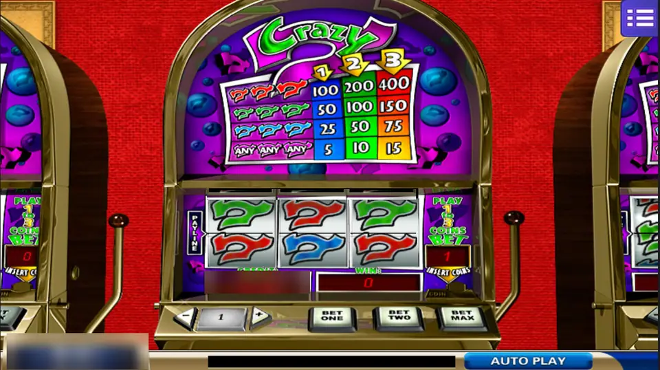 7 Crazy on Mega888: a three reel cabinet with the pay table for red, green and blue sevens and Bet One, Bet Two and Bet Max buttons