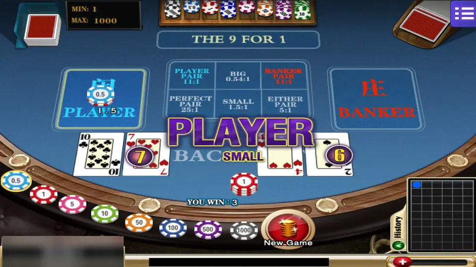 Baccarat on Mega888: Player wins 7 to 6, with the side bet odds printed on the table and chips from 0.5 to 1000