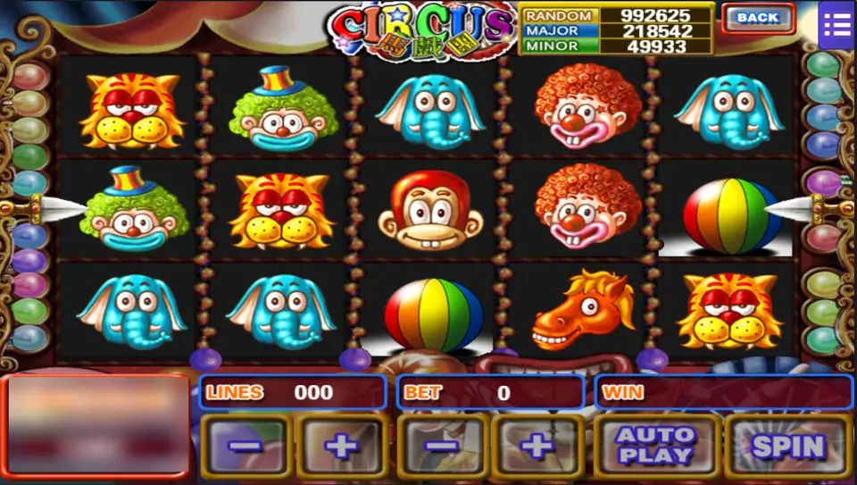 Circus on Mega888: clowns, a tiger, an elephant, a monkey and a horse on five reels, with Random, Major and Minor meters