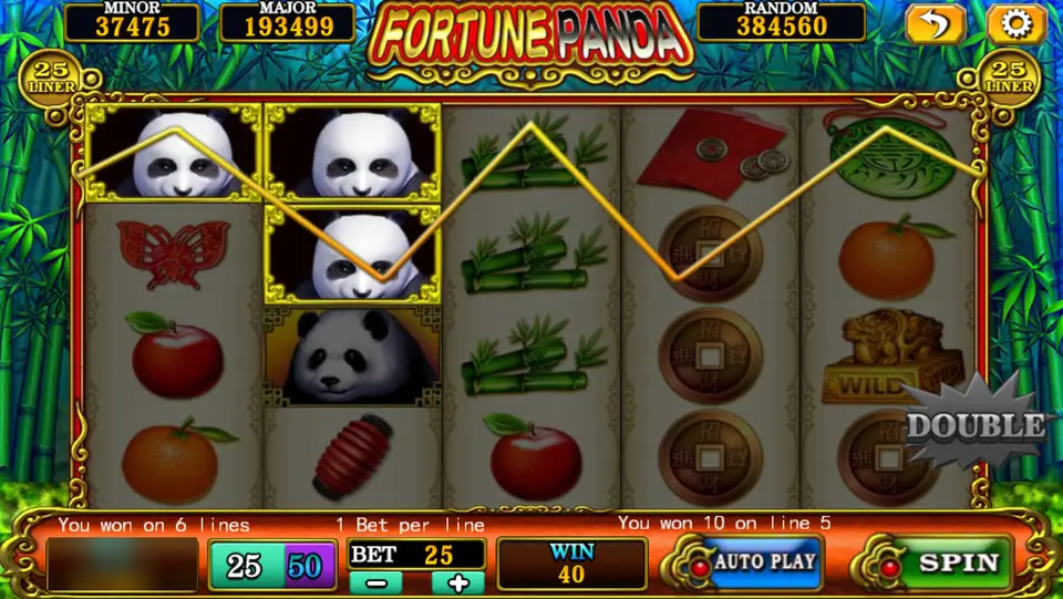 Fortune Panda on Mega888: stacked pandas pay on 6 lines for 40, with bamboo, coins, oranges and the gold seal wild
