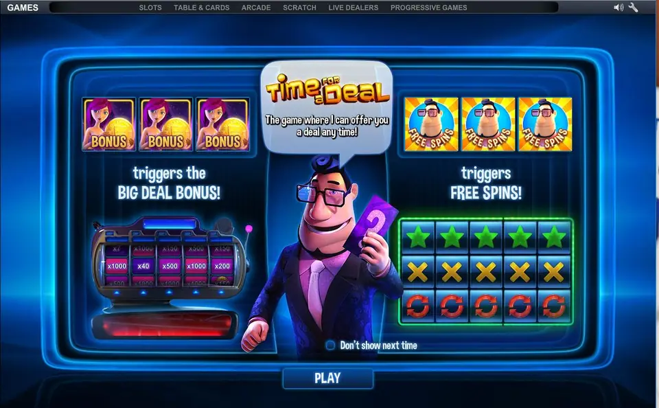 Time For a Deal start screen on NTC33: three Bonus symbols trigger the Big Deal Bonus, three host symbols trigger free spins, with the cartoon host holding a card in the middle