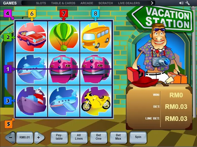 Vacation Station on NTC33: cars, a balloon, a bus, trains, planes, a ship and a motorbike on a 3x3 grid beside a cartoon tourist and his suitcase