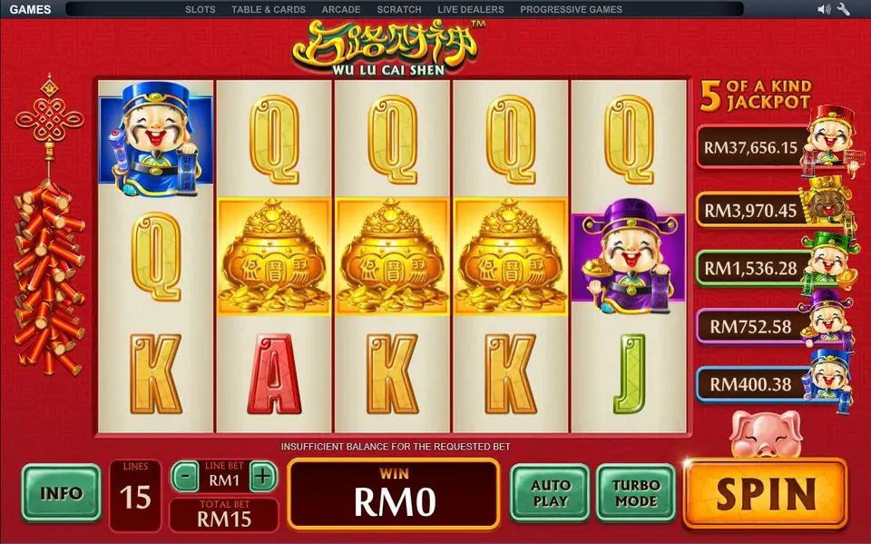 Wu Lu Cai Shen on NTC33 with three pots of gold across the middle reels, two cartoon gods of wealth and five jackpot meters from RM37,656 to RM400