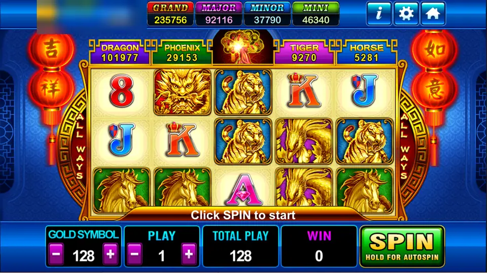Fortune Tree on Play8oy: Dragon, Phoenix, Tiger and Horse meters over gold tigers, horses and a dragon, with Gold Symbol set to 128