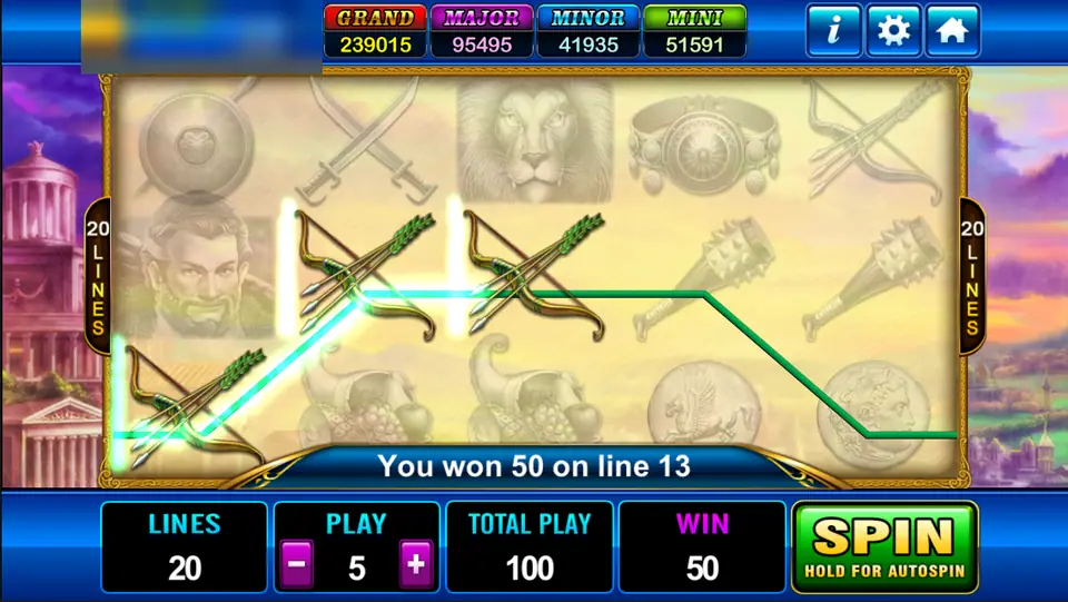 Hercules on Play8oy: three bows on line 13 pay 50, at 20 lines and a play of 5