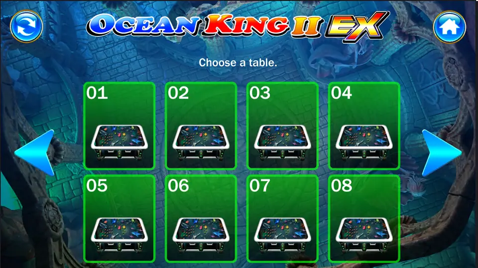 Ocean King II EX on Play8oy: choose one of eight tables, 01 to 08, in an underwater hall