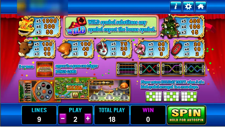 Seasons Greeting rules on Play8oy: the lion dance head, Christmas tree, ox, roast, mask, heart and lantern, with the Holiday Party note