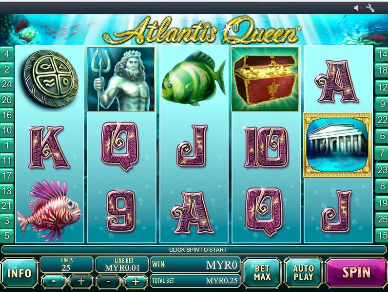 Atlantis Queen on Rollex11: Poseidon, a treasure chest, a stone disc and a sunken temple tile, 25 lines at MYR0.01 for MYR0.25