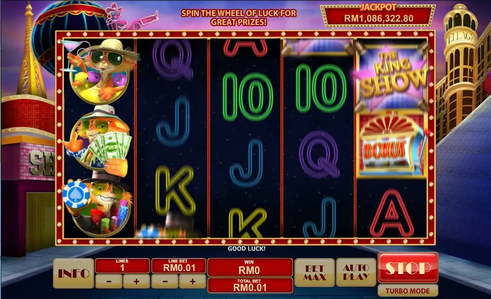 Cat in Vegas on Rollex11: three cats spinning past, THE KING SHOW and BONUS tiles, a banner for the wheel of luck, jackpot above RM1,086,000