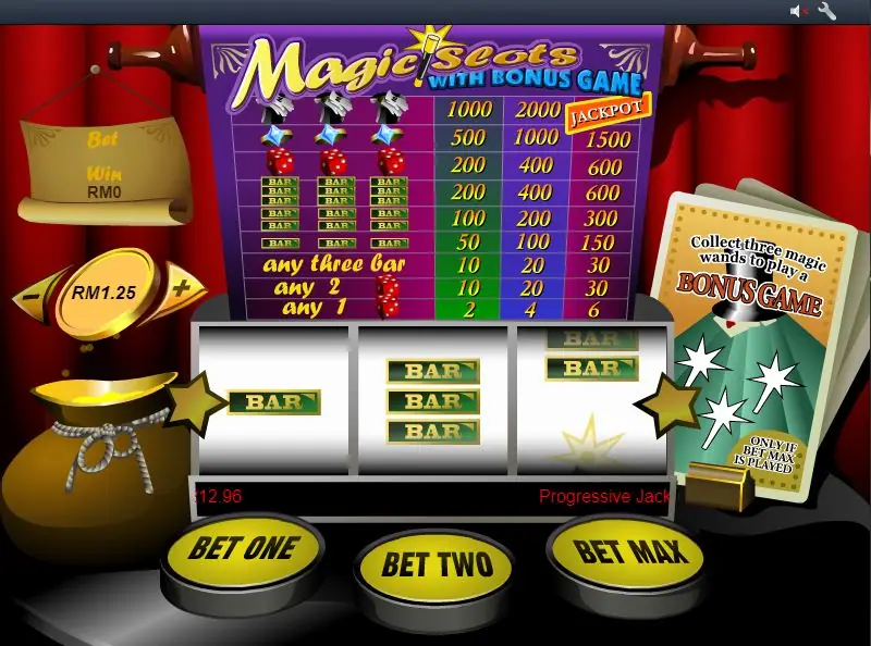 Magic Slots with Bonus Game on Rollex11: a paytable of hats, stars, dice and bars over three reels, coin RM1.25, Bet One, Bet Two and Bet Max buttons