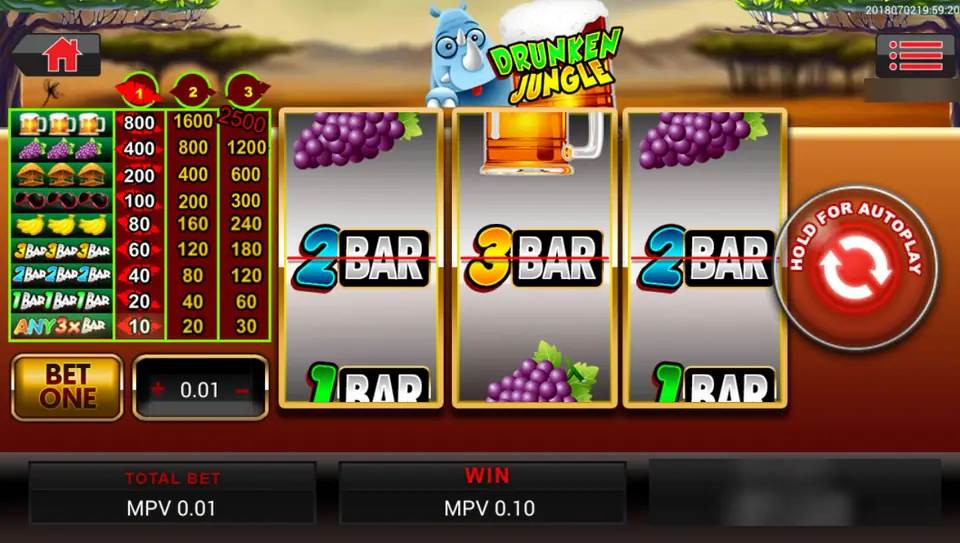 Drunken Jungle on Sky777: three reels with 2BAR, 3BAR, 2BAR on the line and the pay table on the left