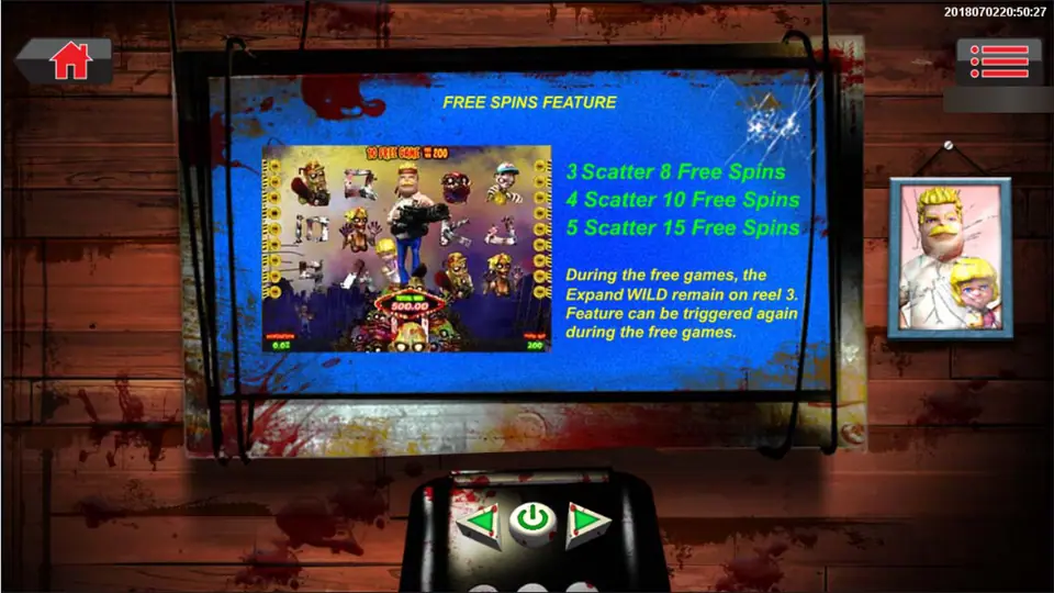 Father vs Zombies free spins card on Sky777: 3, 4 or 5 scatters give 8, 10 or 15 free spins