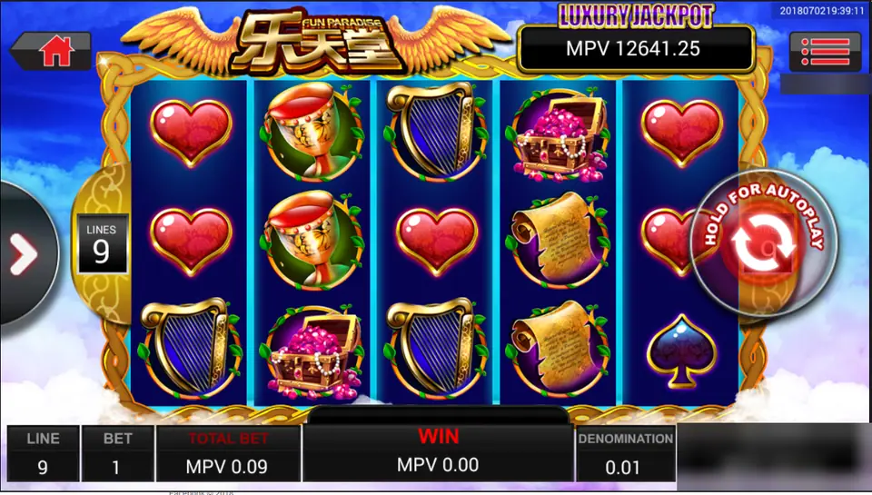 Fun Paradise on Sky777: hearts, goblets, harps and a treasure chest on five reels, 9 lines at 0.01