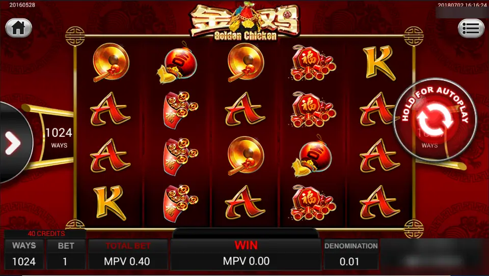 Golden Chicken on Sky777: gongs, firecrackers and red packets on five by four reels, 1024 ways