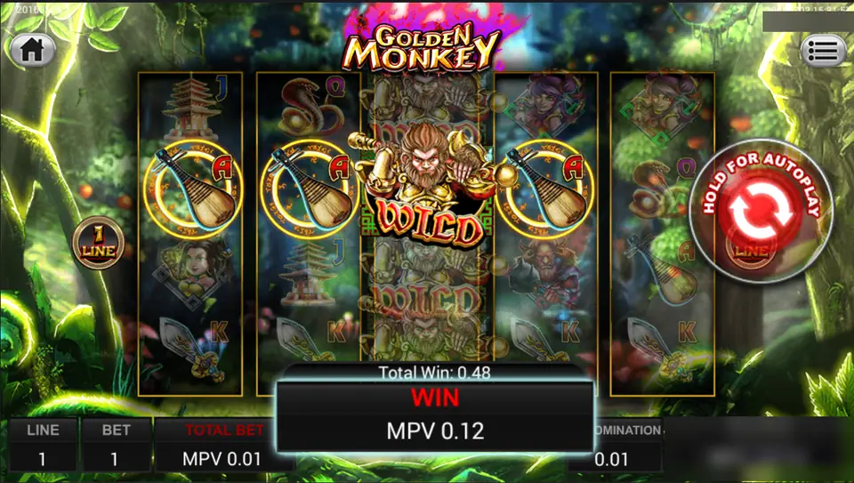 Golden Monkey on Sky777: the stacked monkey wild on reel 3 lines up three pipas for a win of 0.12