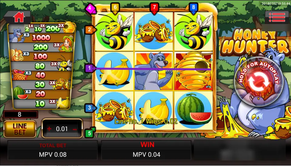 Honey Hunter on Sky777: bees, honey pots, bananas, a bear and a beehive on a three by three grid, line 1 wins 0.02