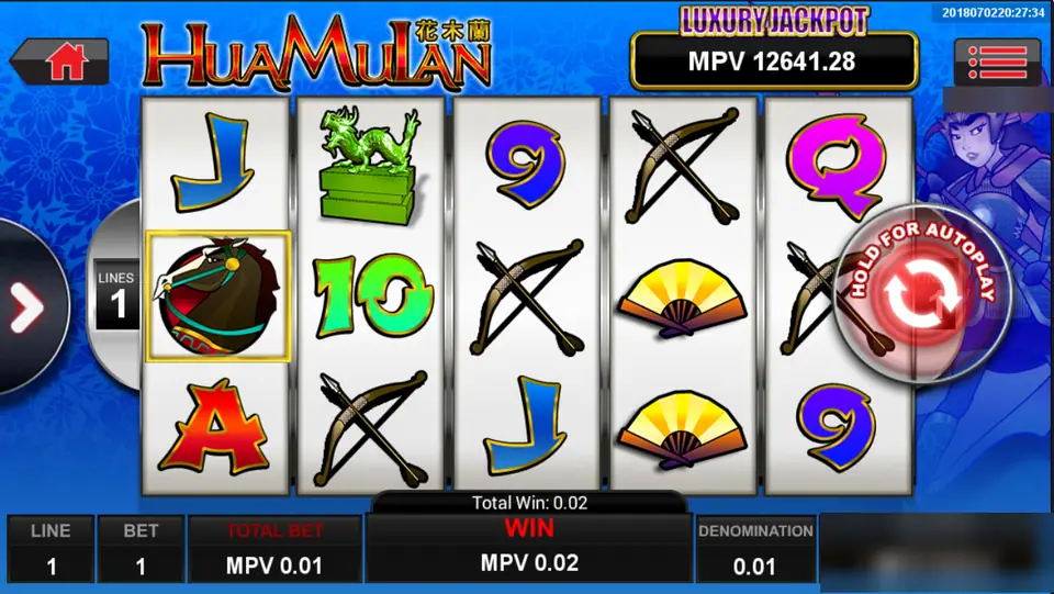 Hua Mulan on Sky777: a single war horse on line 1 pays 0.02 under the Luxury Jackpot meter
