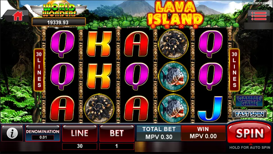 Lava Island on Sky777: tarantulas and piranhas on 30 lines under the World Wonders meter at 19,339.93